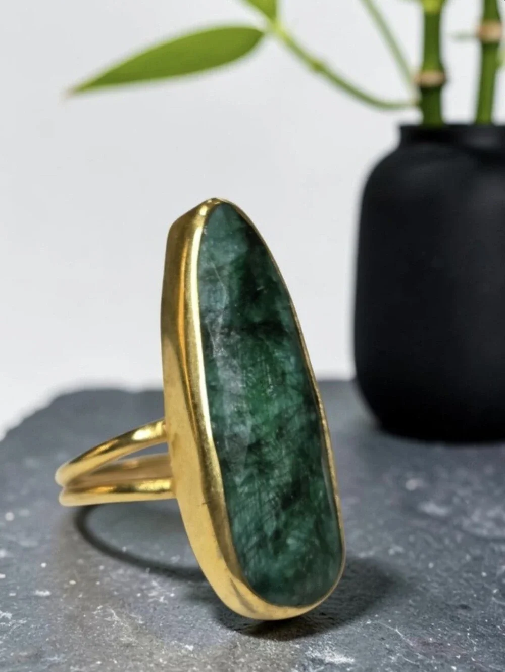 18k Gold Plated Artisan Natural Emerald Beveled Statement Ring
